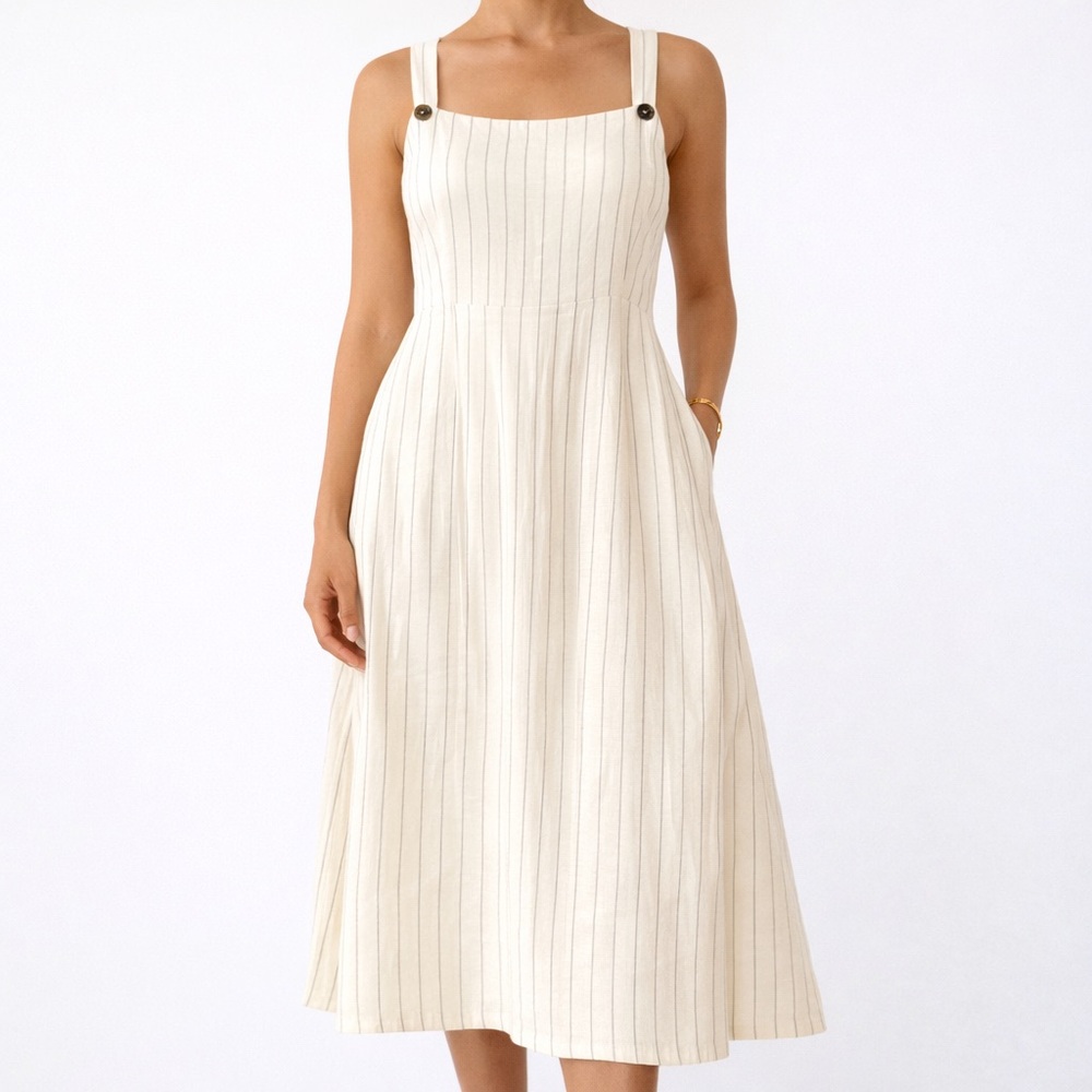 CLUB MONACO Linen Blend Dress Size 10 Cream Pinstripe Sleeveless Summer